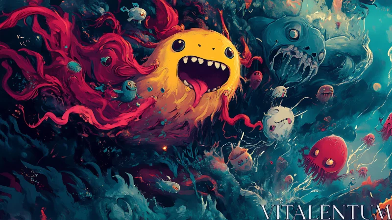 Surreal underwater scene with colorful cartoon creatures.