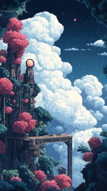 Pixel skybridge city rises through luminous cloud sea.