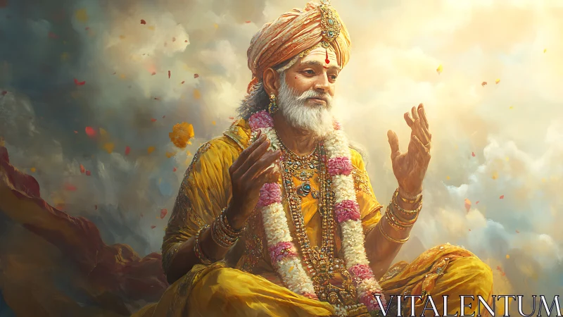 Golden-robed spiritual elder meditating in radiant clouds.