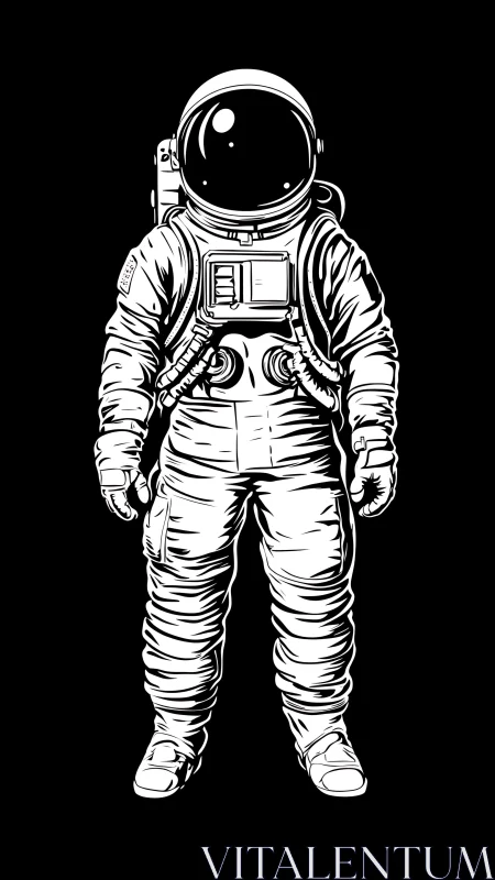 Bold monochrome astronaut stands in stark cosmic silence
