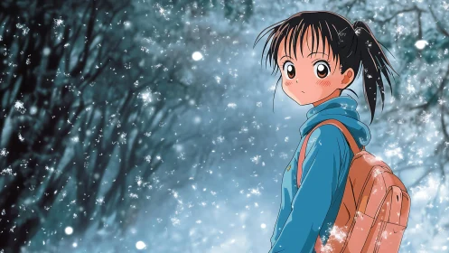 Snowlit schoolgirl pauses in a hush of falling constellations.