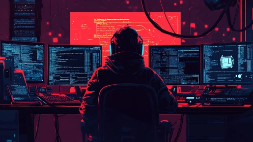 Hooded programmer monitors multiple code screens at night.