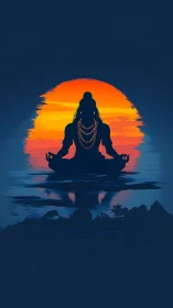 Serene yogi silhouette meditates before radiant sunset glow.
