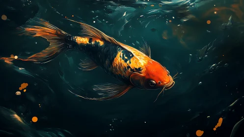Orange and black koi swimming through dark teal water.
