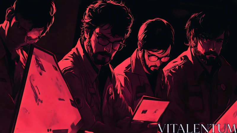 Red neon-lit technicians reviewing holographic data tablets