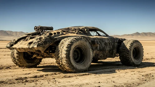 Post-apocalyptic off-road battle car in arid desert basin