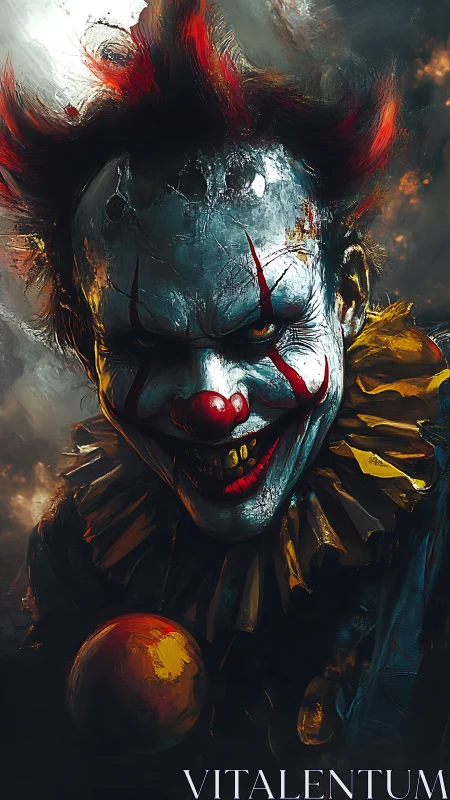 Demonic clown portrait with cracked paint and burning eyes.