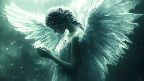 Luminous angel in teal light contemplates a fragile glow.