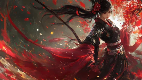 Warrior maiden in flowing crimson kimono amid swirling petals