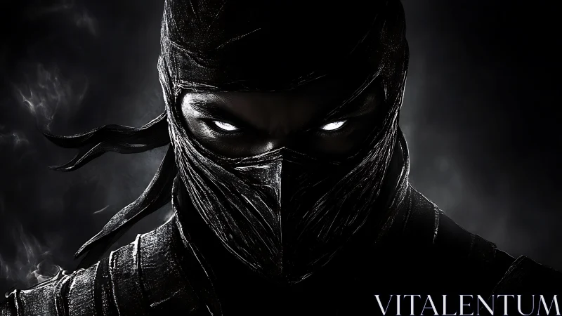 Masked ninja portrait shows intense glowing white eyes