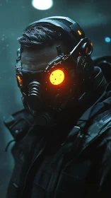 Cybernetic soldier in glowing respirator mask, teal bokeh haze.