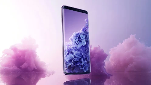 Smartphone display with purple flower particles in ambient fog.