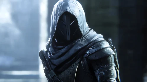 3D stealth operative with hooded armor in cold backlight.