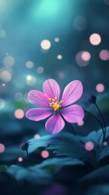 Single violet flower against cool blurred foliage background.