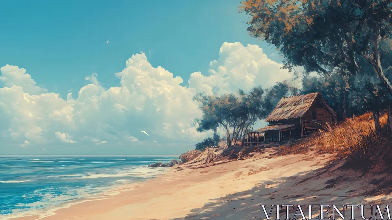 Coastal Haven with Wooden Structure Overlooking Turquoise Waters.