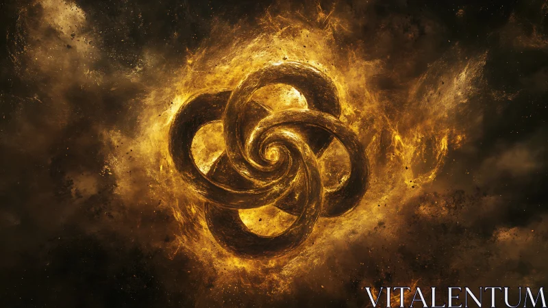 Golden cosmic knot swirling in fiery nebula field.