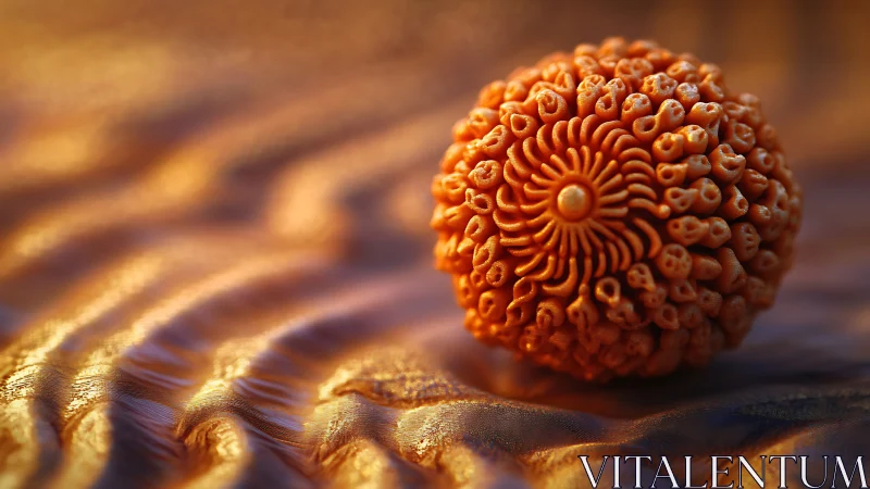 Spherical carved bead with radial floral relief on rippled fabric