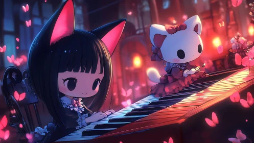 Cat-eared pianist and chibi kitten on glowing keys at dusk.