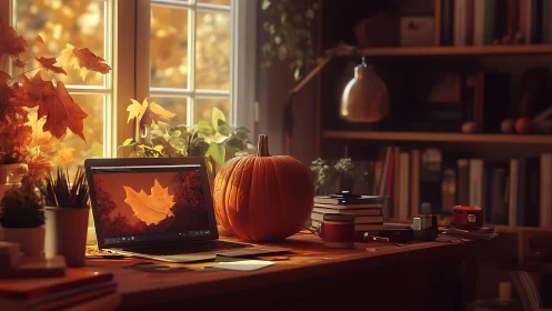 Cozy autumn home office desk with pumpkin and laptop scene.