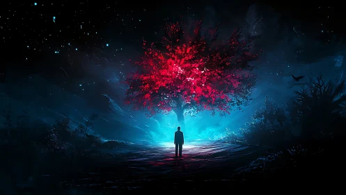 Silhouette facing luminous red tree in nocturnal landscape.