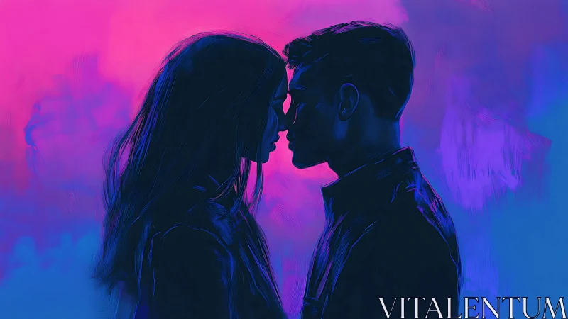 Neon-Lit Couple in Intimate Connection Against Gradient Backdrop.