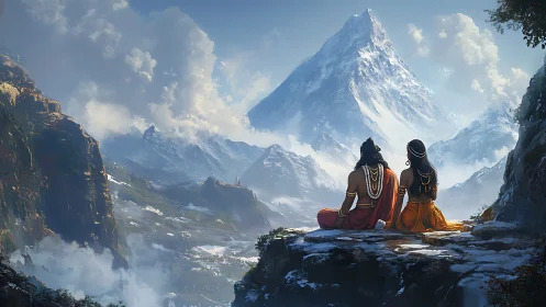 Divine couple overlooking vast snowbound Himalayan summit.