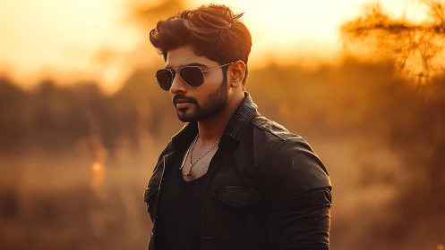 Man in sunglasses outdoors at sunset with warm backlight.