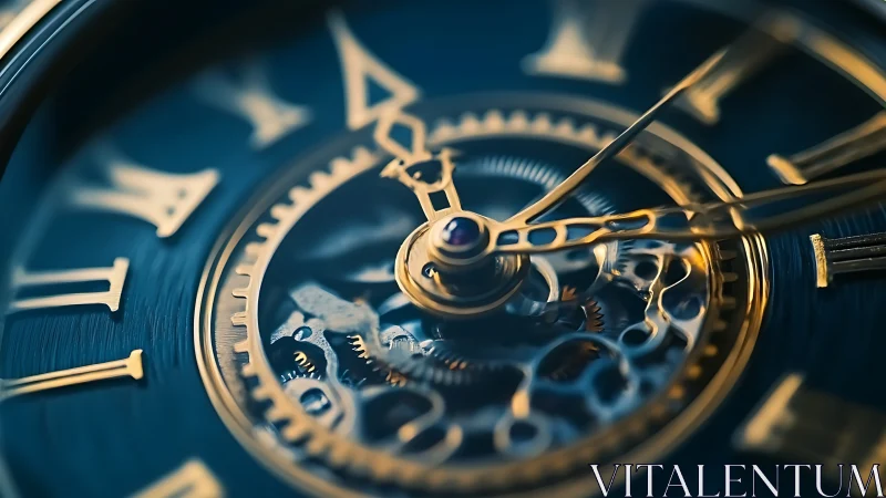 Intricate gold clockwork over deep blue roman dial closeup.