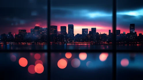 Neon city skyline glows over harbor through blurred window