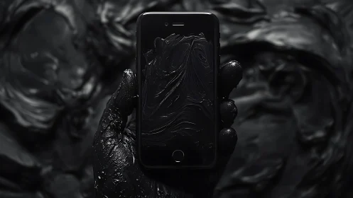 Smartphone in black-coated hand is held against dark background