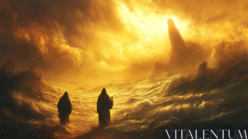 Two robed figures cross glowing storm sea under fire sky.