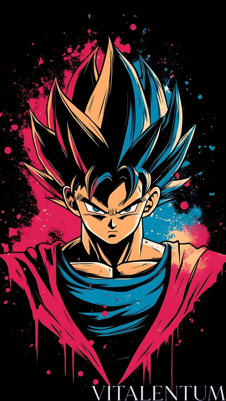 Neon splatter anime portrait with bold cel-shaded contours.