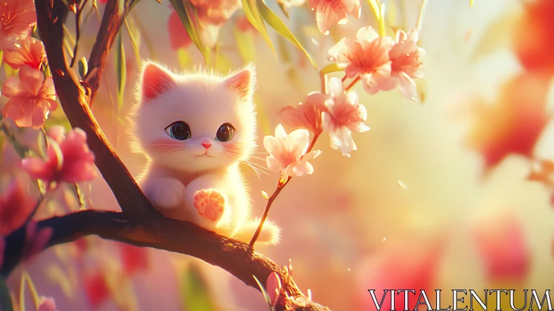 Luminous White Kitten Among Spring Blossoms.