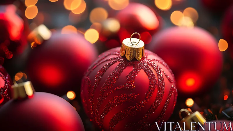 Red Christmas ornaments in shallow-focus festive bokeh lighting