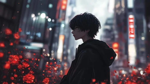 Solitary anime boy walks through neon city of red roses