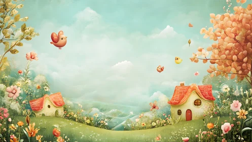 Whimsical cottages rest under drifting birds in spring valley