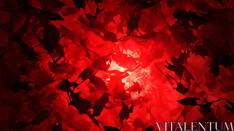 Backlit crimson leaf silhouettes generate dense abstract depth