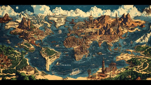Fantastical world map reimagines continents as dense city realms