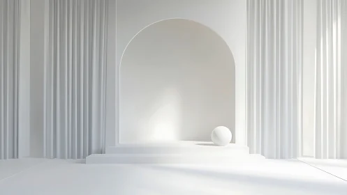 Minimal white arch stage with geometric sphere centerpiece.