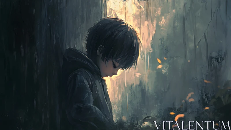 Somber child in forest light amid drifting autumn embers.