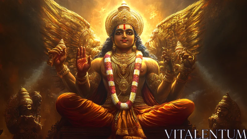 Radiant winged deity enthroned in luminous golden aura.