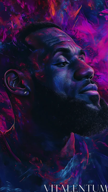 Digital neon portrait of contemplative bearded athlete.