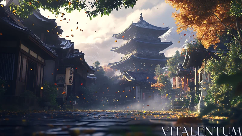 Autumn pagoda street in cinematic morning backlight ambiance.
