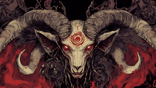 Horned demonic ram portrait with sigil and high-contrast linework