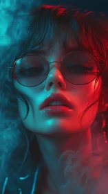Neon drenched portrait with cyan smoke and red halo light.