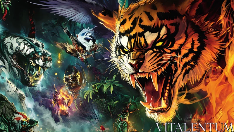 Fierce Tiger Battle Unleashed in Mystical Jungle.