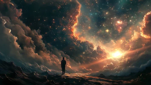 Stargazer adrift beneath a roaring nebula sky of fire.