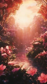 Luminous fantasy waterfall valley with pink floral reflections