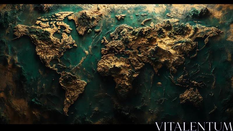 Textured world map relief in teal and burnished gold light.