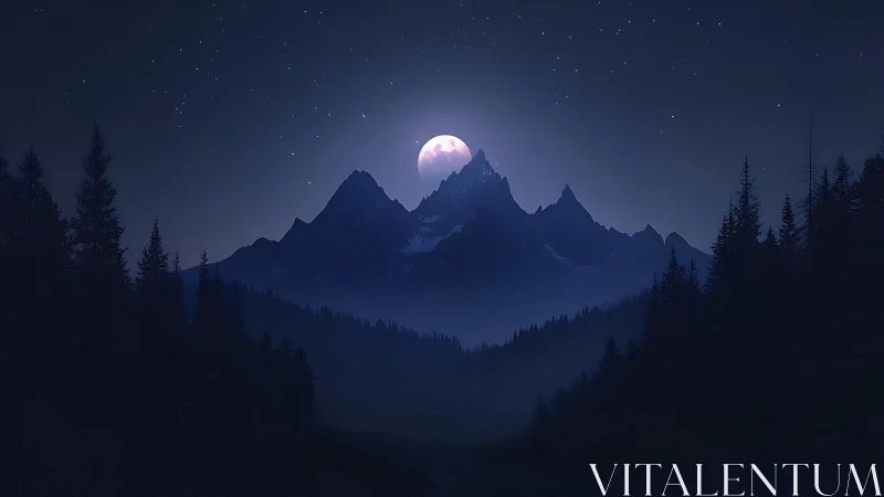 Digital nightscape with lunar-backed alpine ridge silhouette.